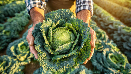 Close-up of two wrinkled hands (cupped hands) of a senior male farmer, holding a fresh harvested kale cabbage. Cabbage cultivation on blurred background. Generative Ai.