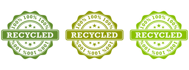 Set of recycled stamp in green color icons. Symbols for business, package, web or app.