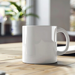 Mock up a white coffee cup on a table in the office for your design content.