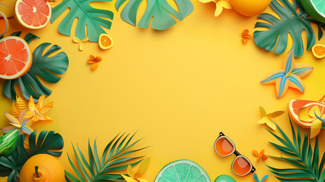 Vibrant tropical fruits and stylish sunglasses on a sunny yellow backdrop summer symbols copy space banner