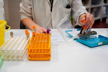 Technical platform of  laboratory . Receipt of the boxes containing the blood tests brought to the laboratory by the nurses.
