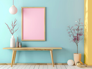 Mock up a blank picture frame on a pastel-colored wall for holding desired content.