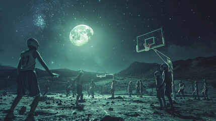 Giocatori di basket umani ed extraterrestri si affrontano in una partita da sogno sulla luna con le stelle e una luna di altra galassia sullo sfondo
