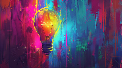 Colorful Artistic Lightbulb on Abstract Graffiti Background - obrazy, fototapety, plakaty
