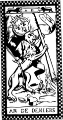 This woodcut style illustration features a lion holding a flag, with 'AR DE DENIERS' text, symbolizing strength and wealth.