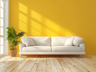 Mock up a yellow cement wall in the living room for placing desired content.