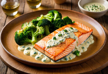 Salmon or trout fish baked with broccoli in cream sauce. Mediterranean food, steamed fish, good for keto diet and healthy vegetarian food.