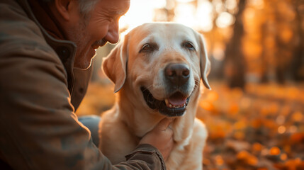 Man stroking his old dog. Loyal labrador retriever enjoying autumn sunny say with his owner.