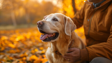 Man stroking his old dog. Loyal labrador retriever enjoying autumn sunny say with his owner.