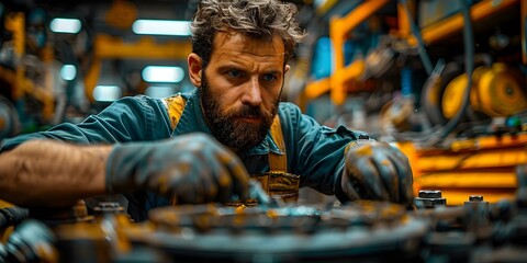 A bearded mechanic in dirty clothes and gloves repairs a broken vehicle in a workshop. Concept Vehicle Repair, Mechanic Working, Dirty Clothes, Workshop Setting, Bearded Man