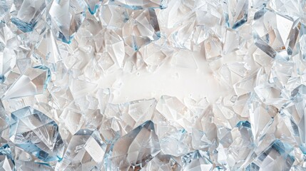 Sharp crystal shards break through a white canvas, their translucent edges catching and bending the light. - obrazy, fototapety, plakaty