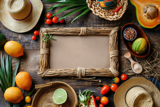 Various fruits and vegetables encircle an empty picture frame in a vibrant display copy space festa Junina