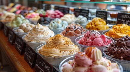 A beautiful decorated ice cream shop with a variety of ice cream flavors to choose from.
