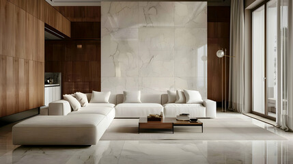 Art deco, contemporary living room with minimalist interior design, marble stone panelling in the property.
