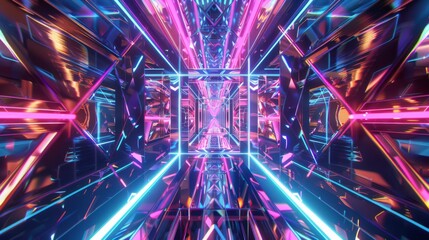 Dive into a digital corridor of neon geometry, where sharp angles and glowing lines converge to form a mesmerizing tunnel that stretches into an electrified infinity.