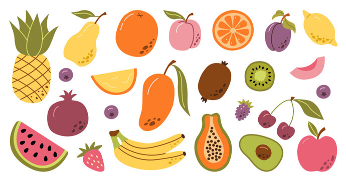 Set hand drawn colorful doodle fruits. Natural tropical fruits. Apple, peach, banana, pomegranate, pineapple, pear.