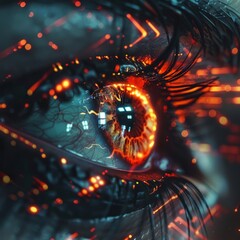 Close-up of a cybernetic eye with futuristic digital enhancements and red neon lights