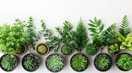 Assorted potted green houseplants arranged in a row on a white background, top view with copy space. - obrazy, fototapety, plakaty