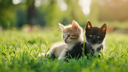 Two little baby cats sitting on the grass. Animals photography - obrazy, fototapety, plakaty