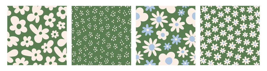 Floral set seamless patterns with cute groovy daisy flowers. Pastel colors. Trendy abstract print for wrapping paper, wallpaper, cover, fabric design. Vector illustration