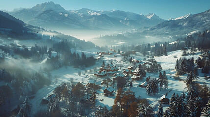 An aerial view of a picturesque alpine village nestled in the mountains