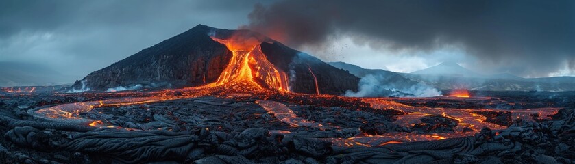 Lava oozed slowly from the volcano's crater, creating mesmerizing rivers of molten rock. - obrazy, fototapety, plakaty