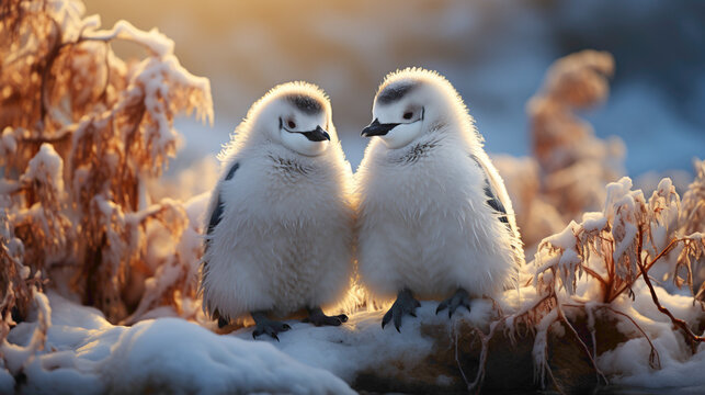 A pair of charming penguins sharing an affectionate moment, their fluffy plumage contrasting against the icy backdrop of their natural habitat.