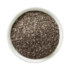 Raw chia seeds in a bowl, salvia hispanica, topview and isolated