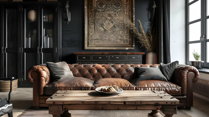 Leather couch next to a rustic wooden coffee table, with a black cabinet and an ornate stucco poster in the background. Modern living room interior design in the Japanese style