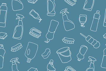 Seamless pattern of cleaning equipment in doodle style. Cleaning line icons. A line of hand-drawn equipment, cleaning products and tools for washing and disinfecting the home, windows, mirrors. Vector - obrazy, fototapety, plakaty