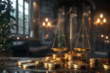 3D art of wealth scales, balancing bonds and stocks, depicting the risk spectrum, under soft ambient lighting