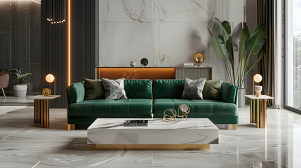 Marble coffee table and green velvet sofa. Modern living room interior design inspired by an Art Deco residence