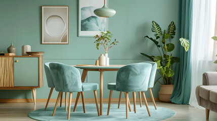 Mint coloured chairs surround a round wooden dining table in a room with a green wall, a sofa, and a cabinet. Scandinavian modern living room interior design