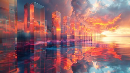 Fototapeta premium Abstract art representing portfolio panorama, secure to speculative, visualized on a symbolic spectrum, twilight ambiance