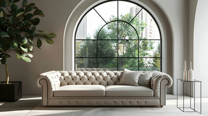 Modern home with minimalistic living room interior design. Against the arch window, a tufted sofa.
