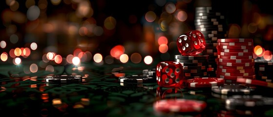 Casino chips cards and dice on a dark background symbolizing wealth gambling and online casinos. Concept Wealth, Gambling, Online Casino, Casino Chips, Cards and Dice - obrazy, fototapety, plakaty