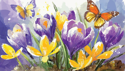 Obraz na płótnie Canvas Oil Painting: Graceful Crocuses and Butterflies in Delicate Detail 