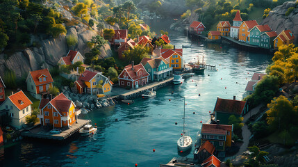 An aerial view of a picturesque coastal village with colorful houses clustered around a harbor - obrazy, fototapety, plakaty