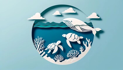 Paper cut art for world ocean day concept with whale turtle and fish swimming underwater to conservation environment and oceans campaign