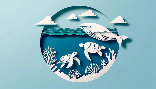 Paper cut art for world ocean day concept with whale turtle and fish swimming underwater to conservation environment and oceans  campaign