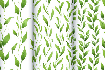 Three vivid green leaves displayed on a clean white background set of organic patterns - obrazy, fototapety, plakaty
