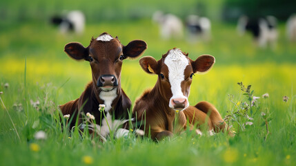 Two little baby cowss sitting on the grass. Animals photography - obrazy, fototapety, plakaty