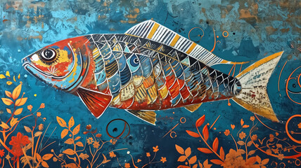 Vibrant street art of a fish, blending graffiti style with rustic charm on a blue background.
