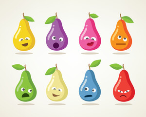 A set of simple and funny crazy pears characters demonstrating different emotions. Vector illustration