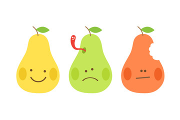 Vector illustration of three simple kawaii pears characters with different emotions
