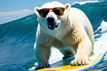 A polar bear surfing in the sea wearing sunglasses. Generative AI