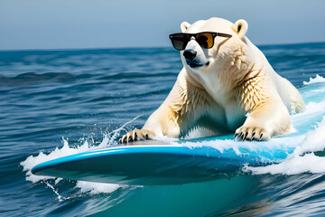 A polar bear surfing in the sea wearing sunglasses. Generative AI - obrazy, fototapety, plakaty