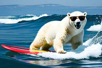 A polar bear surfing in the sea wearing sunglasses. Generative AI