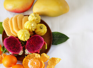 mix tropical fruits, pineapple, banana, dragon fruit