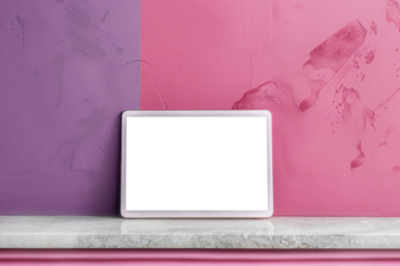 Tablet computer screen mockup on pink and magenta background with color block. Mobile computer with blank screen on colorful wall background for business infographic design app